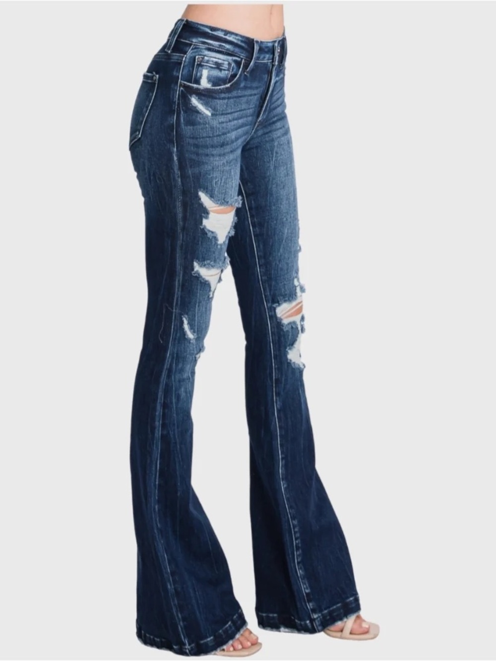 Petra 153 Denver Bells Distressed Mid Rise Flare Jeans Sz 15/31 T929MF Dark Wash